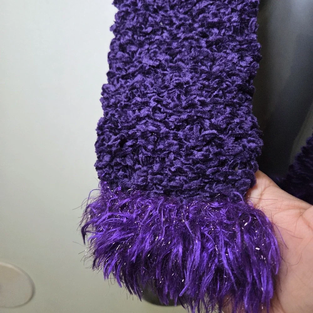 Purple Chenille Scarf Faux Fur Feather Fringe Ends Textured Winter Wrap Glam Y2K